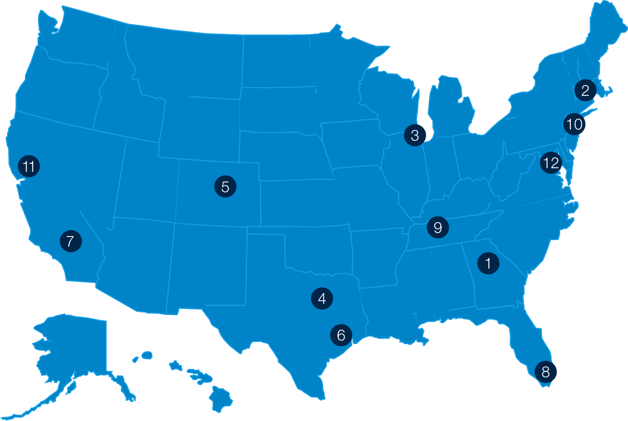Map of the United States with numbers corresponding to each city in the list in alphabetical order.